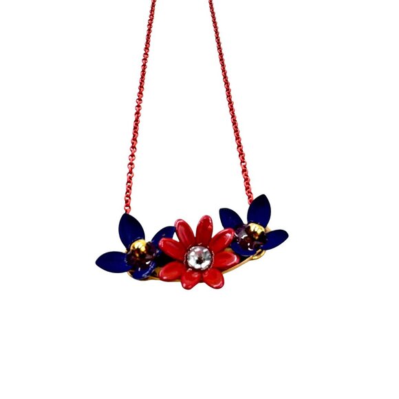 Unique Jewelry - Vintage Red & Blue Floral Necklace With Rhinestone Centerpiece & Pink 14" Chain